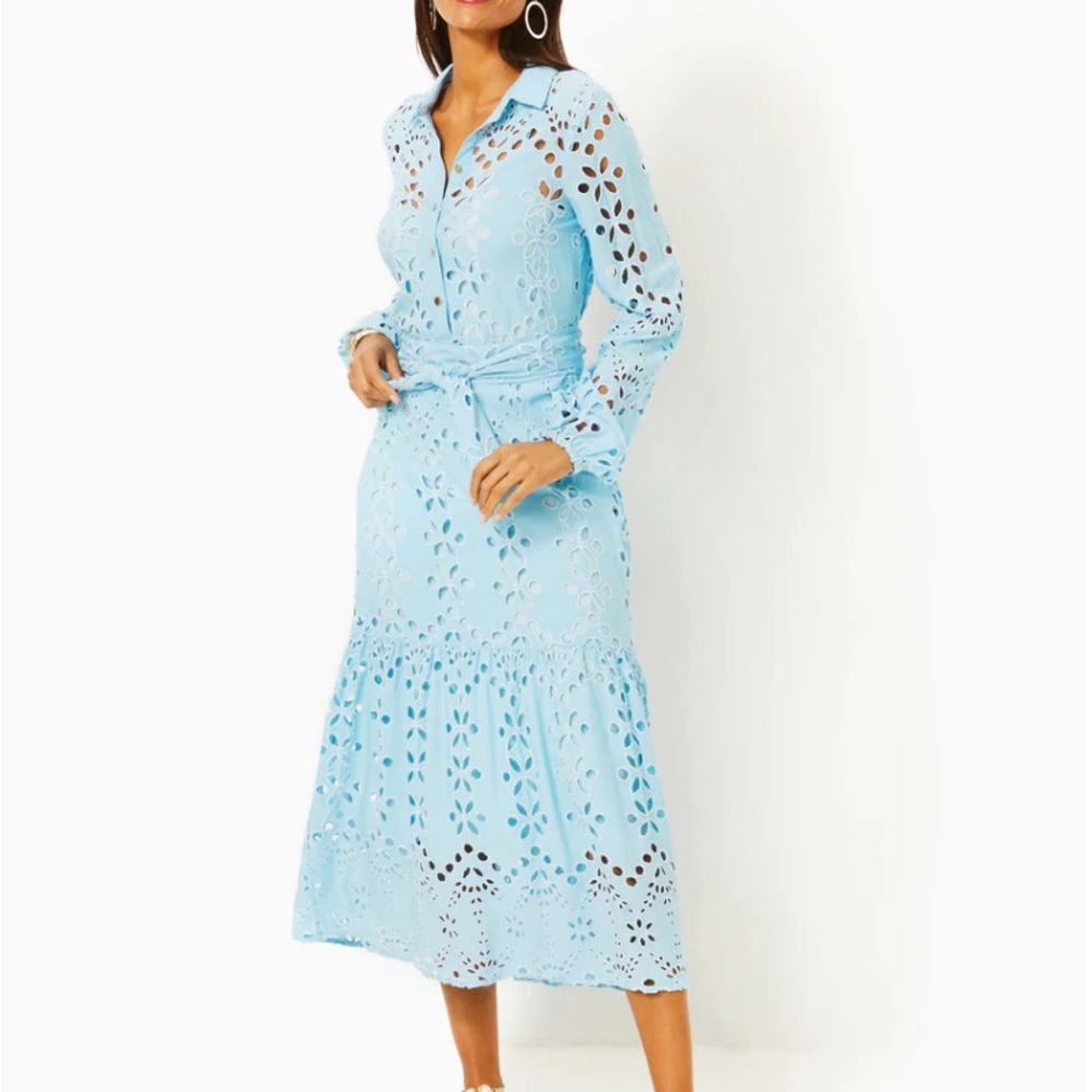 Lilly Pulitzer Zia Eyelet Midi Shirtdress in Hydra Blue Soirée, Size 10